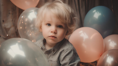 Portrait of a cute little boy with balloons in the room.の素材