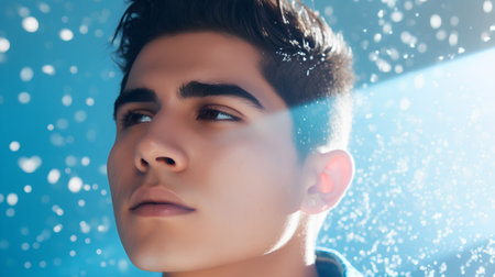 Close up portrait of young handsome man in rain drops on blue backgroundの素材