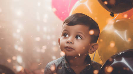 Portrait of a little boy with balloons and confetti in the backgroundの素材