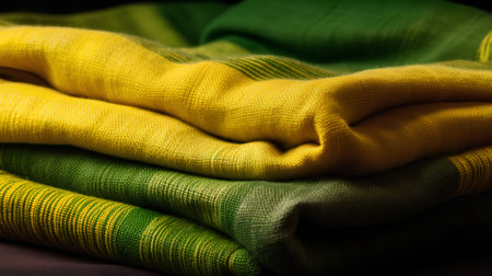 Multicolored kitchen towels on a dark background. Toned.の素材