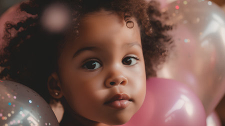 Beautiful african american little girl with balloons looking at cameraの素材