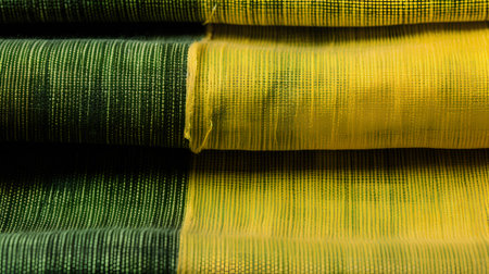 Closeup detail of yellow and green fabric texture samples. Selective focus.の素材