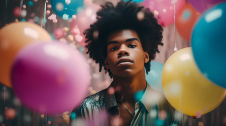 Portrait of a young african american man looking away while standing among colorful balloonsの素材