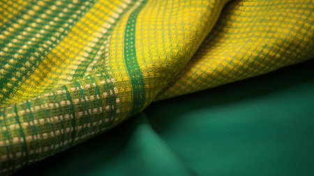 Closeup detail of yellow and green fabric textured cloth background.の素材