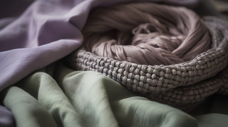 Woolen knitted scarf on the bed. Selective focus. Toned.の素材