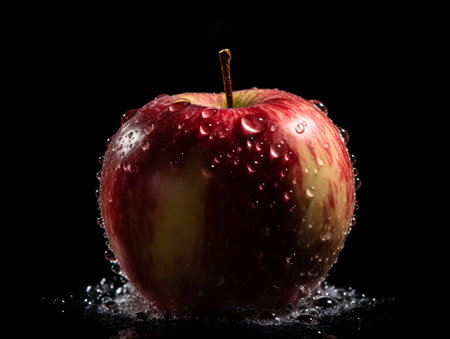 Red apple with water drops isolated on black background. Close up.の素材