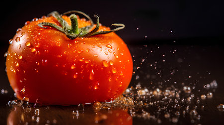 Tomato with drops of water on a dark background. Selective focus.の素材