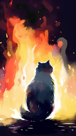 Illustration of a cat on the background of a burning fire.の素材