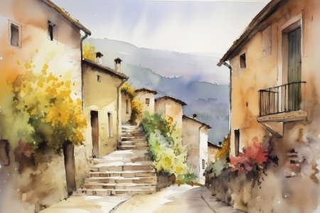 Watercolor painting of an old street in the village of Monteriggioni, Tuscany, Italy.の素材