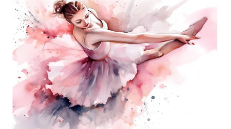 Watercolor illustration of a ballerina in a pink tutuの素材