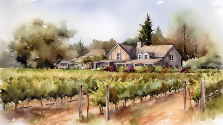 Watercolor rural landscape with old farm house and vineyard. Hand drawn illustrationの素材
