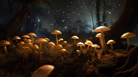 Mushrooms in the forest at night 3d render illustration.の素材