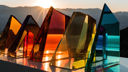 Colorful glass vases on a table in the sun at sunsetの素材