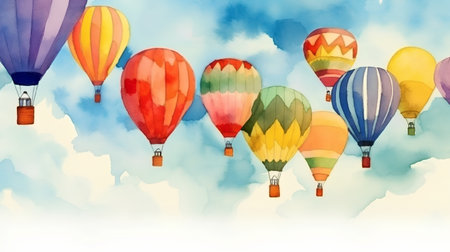 Colorful hot air balloons in the sky. Watercolor illustration.の素材