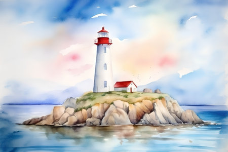 Watercolor illustration of a lighthouse on a rocky island in the seaの素材