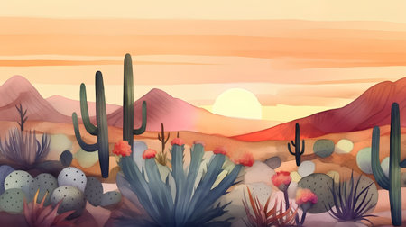 Desert landscape with cactuses. Watercolor hand drawn illustrationの素材