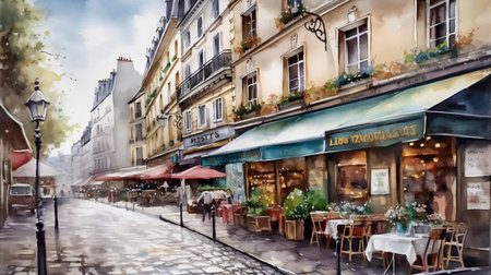 Paris, France. Watercolor painting of a street cafe in Parisの素材