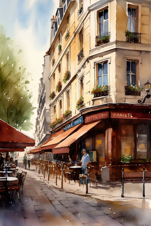Paris, France. Watercolor painting on canvas. Street cafe in Parisの素材