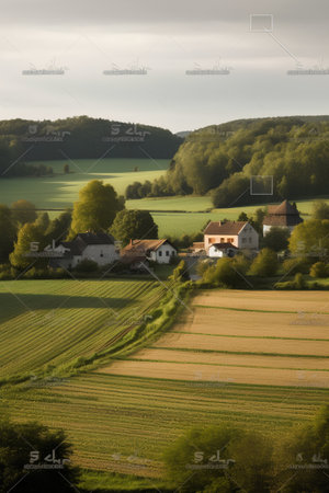 Digital composite of countryside landscape with fields and houses in countryside with german wordsの素材