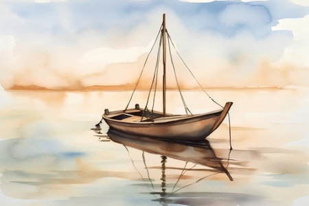 Watercolor image of a boat on the lake in the morning.の素材