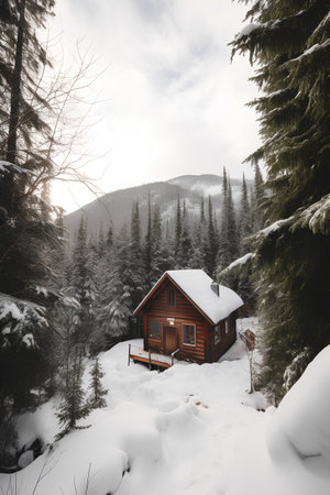 Winter mountain landscape with wooden house in snowy forest. Filtered image processed vintage effect.の素材