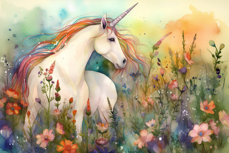 Unicorn in the meadow with flowers. Watercolor illustrationの素材