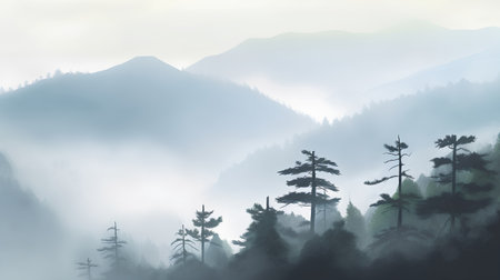 Foggy mountains landscape with coniferous forest and pine treesの素材