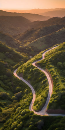 Aerial view of a winding road in the mountains at sunset.の素材