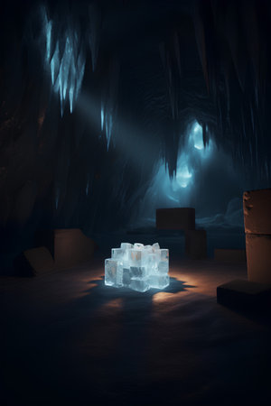 Ice cube in dark cave. 3D rendering. Fantasy landscape.の素材