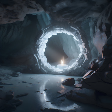 Fantasy dark cave with light. 3D rendering and illustration.の素材