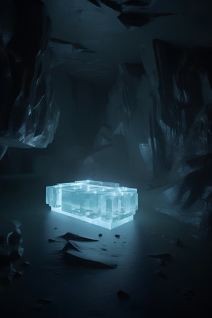 Ice cube in the dark cave. 3d rendering, 3d illustration.の素材