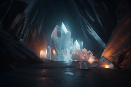 Fantasy scene with crystal. 3d illustration. Glowing crystals.の素材