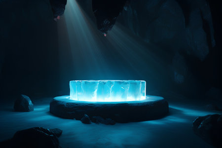 Futuristic pedestal in a dark cave. 3D renderingの素材