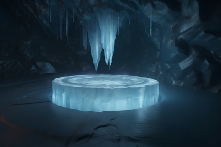 Futuristic abstract scene with podium and ice cubes. 3d renderの素材