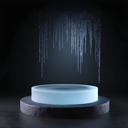 3d rendering of blue podium with falling water drops on black backgroundの素材