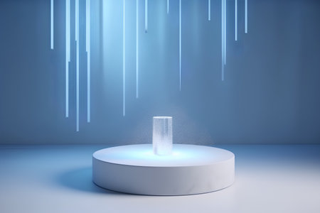 3D rendering of a round pedestal or podium with blue lights.の素材