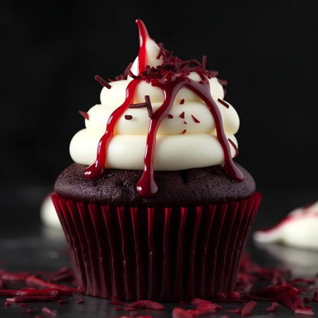 Chocolate cupcake with red and white frosting on black backgroundの素材