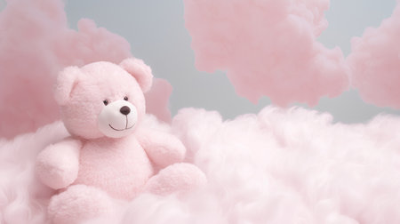 Cute teddy bear on pink fluffy clouds background. 3D renderingの素材