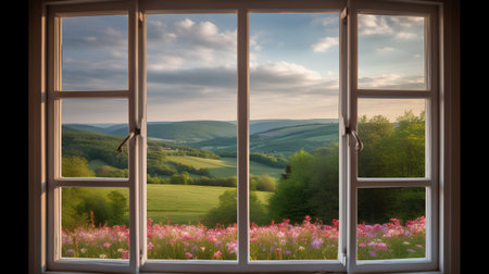 Beautiful view from the window of the summer landscape with pink flowersの素材