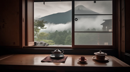 Tea set on a wooden table in front of a window overlooking a mountainの素材