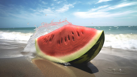 Watermelon on the beach with splashes of water. 3d renderingの素材