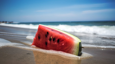 Fresh watermelon on the beach with sea and blue sky background.の素材