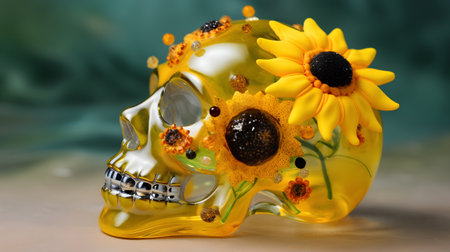 Skull with sunflower decoration on green background. Halloween concept.の素材