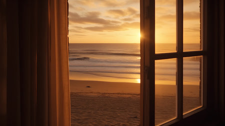 Sunset over the sea through the window of a room on the beachの素材