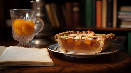Piece of apricot pie on a wooden table with a book in the backgroundの素材