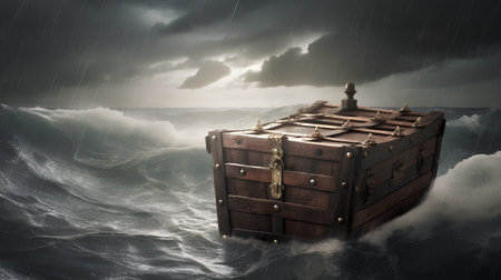 Treasure chest in stormy sea with stormy sky background illustrationの素材