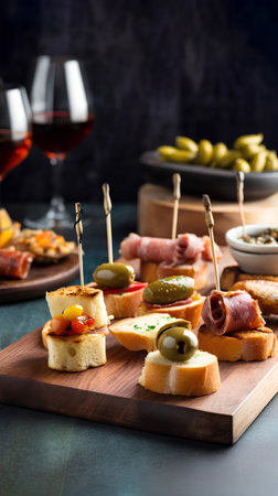 Assorted canapes with salami, cheese, olives and pickles.の素材