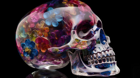 Skull with colorful flowers in a glass sphere on black background.の素材
