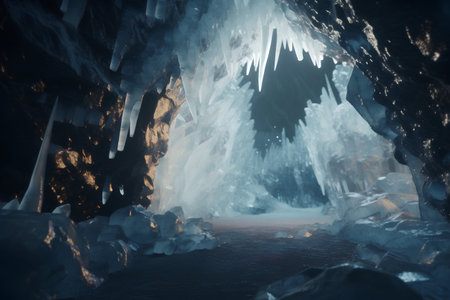 Ice cave with stalagmites and stalactites. 3d renderingの素材