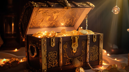 Treasure chest full of gold coins and precious stones, close upの素材